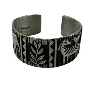 JB Hunt Engraved Pewter Cuff Bracelet Wild Kingdom Zebra Elephant Vintage